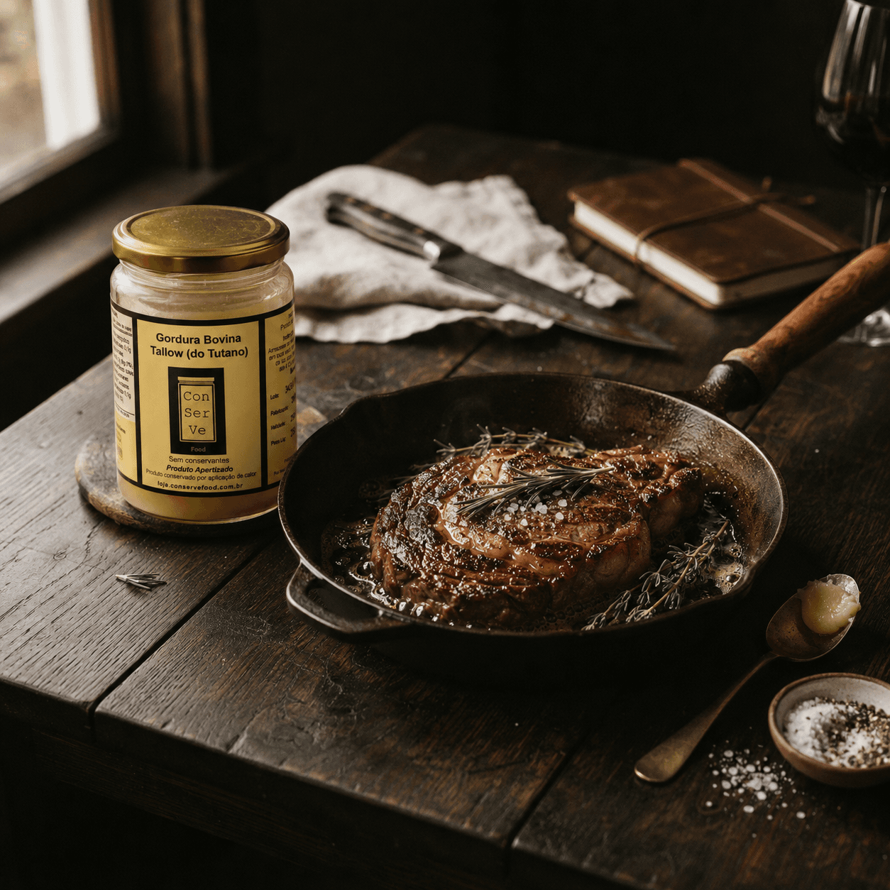 Pote de Gordura Bovina Tallow (do tutano) Rancho Água Viva ao lado de um bife selado em frigideira de ferro